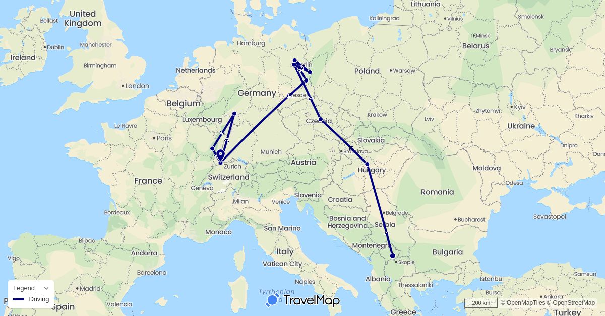 TravelMap itinerary: driving in Switzerland, Czech Republic, Germany, France, Hungary, Kosovo (Europe)
